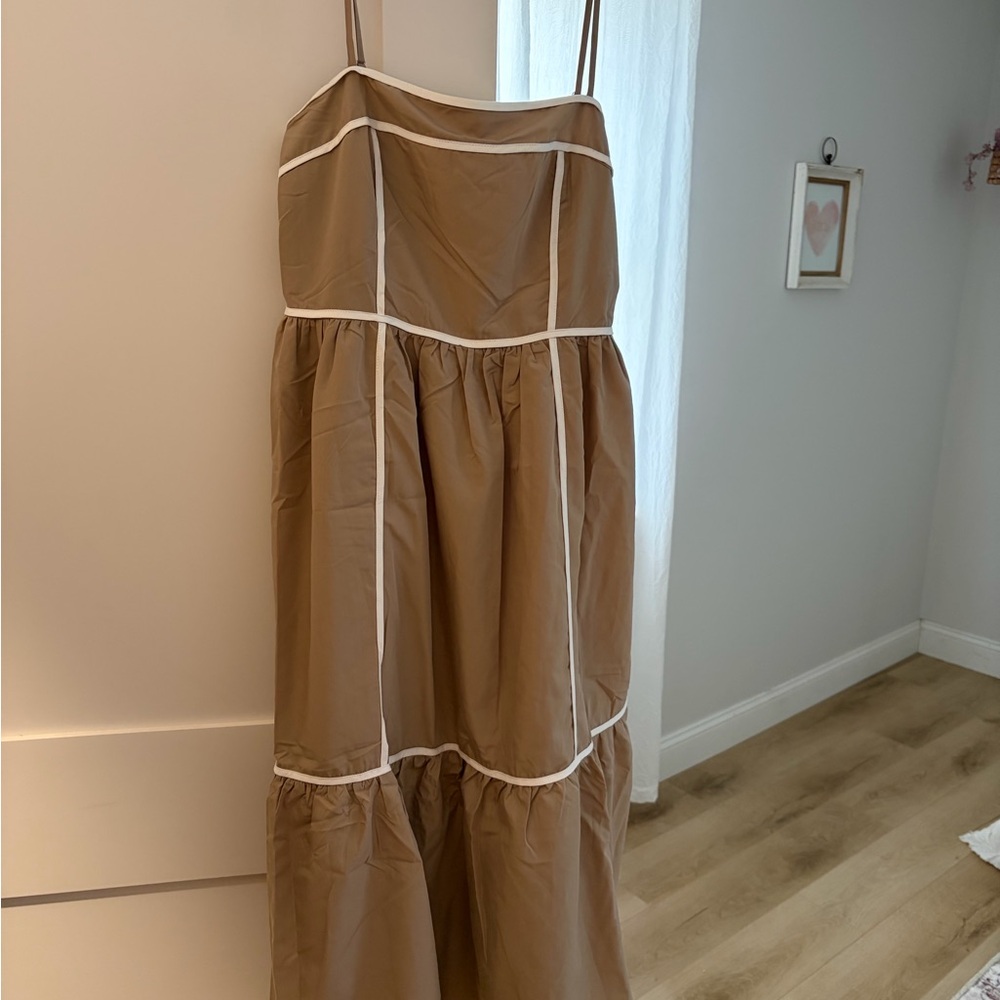 Spaghetti Strap Brown Tiered Maxi Dress with White Piping